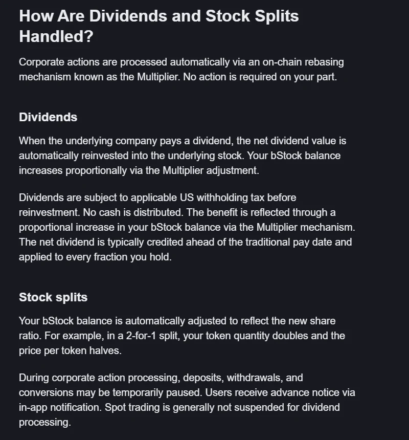 Ảnh chụp mục Dividends và Stock splits trong hướng dẫn chính thức về bStocks của Binance Academy