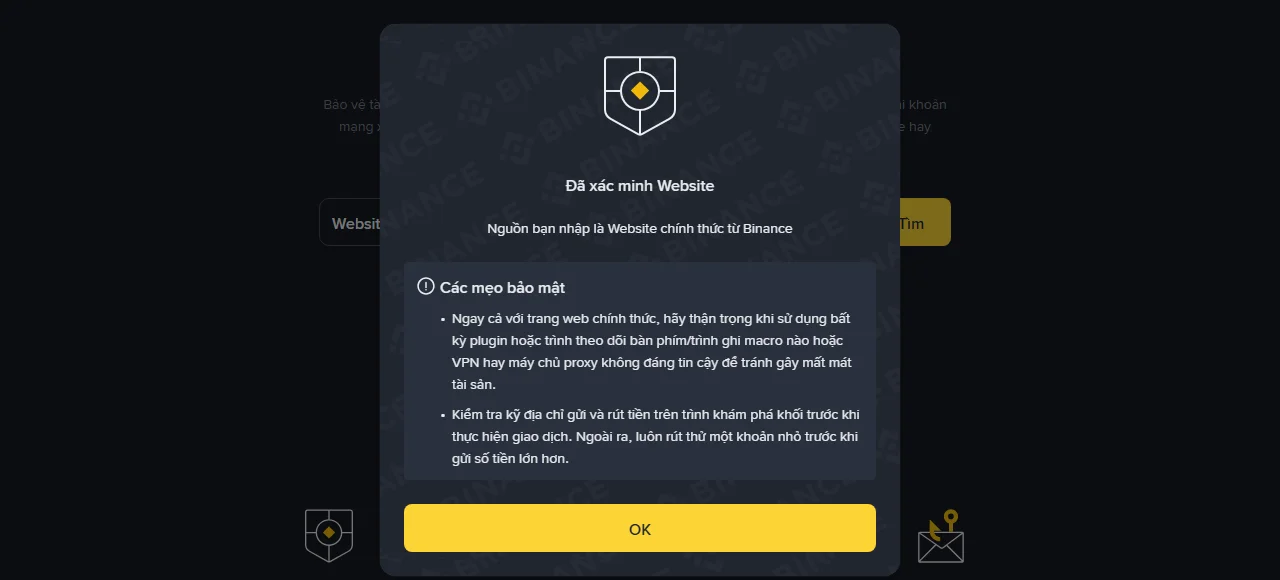 Cửa sổ kết quả tiếng Việt của Binance Verify hiển thị Đã xác minh Website và dòng Nguồn bạn nhập là Website chính thức từ Binance, kèm hai mẹo bảo mật
