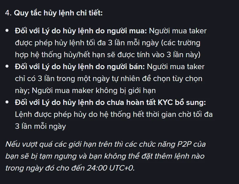 Ảnh chụp trang hỗ trợ tiếng Việt của Binance với mục Quy tắc hủy lệnh chi tiết, nêu giới hạn 3 lần mỗi ngày và mốc 24:00 UTC+0