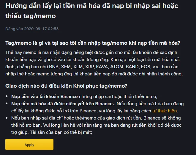 Trang hỗ trợ Binance tiếng Việt "Hướng dẫn lấy lại tiền mã hóa đã nạp bị nhập sai hoặc thiếu tag/memo" liệt kê các giao dịch đủ điều kiện khôi phục tag/memo