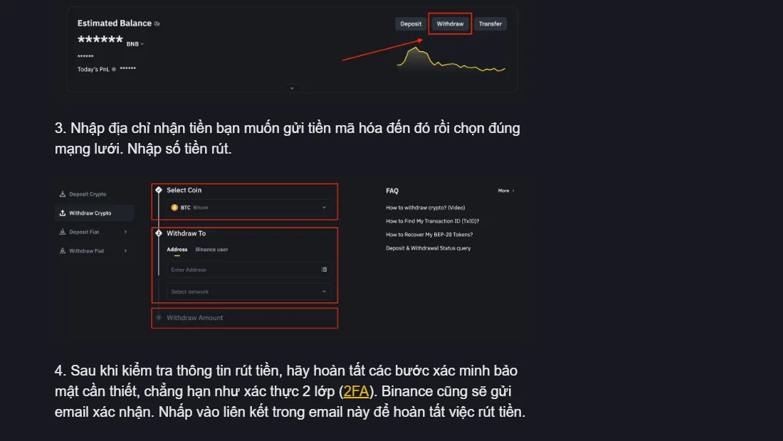 Ảnh chụp trang hướng dẫn chính thức Binance hiển thị nút Withdraw và các trường chọn tài sản, địa chỉ nhận, mạng lưới và số tiền rút; số dư trong ảnh đã được che