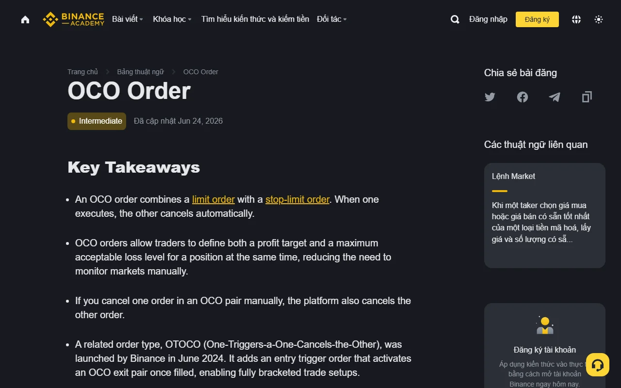 Ảnh chụp trang thuật ngữ OCO Order của Binance Academy, hiển thị OCO kết hợp limit order với stop-limit order và cập nhật ngày 24/06/2026