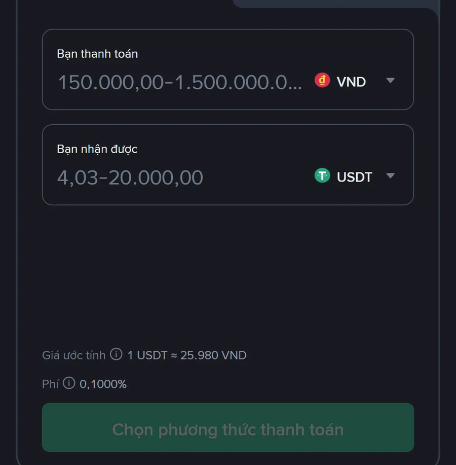 Màn hình Giao dịch nhanh P2P mua USDT bằng VND ngày 27/10/2026, ô Bạn thanh toán ghi hạn mức 150.000 đến 1.500.000 VND, dòng Giá ước tính 1 USDT xấp xỉ 25.980 VND và dòng Phí 0,1000%