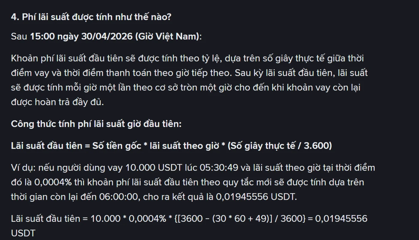 Mục Phí lãi suất được tính như thế nào trên bài hỗ trợ tiếng Việt của Binance, hiển thị công thức lãi kỳ đầu và ví dụ vay 10.000 USDT lúc 05:30:49