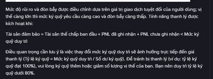 Đoạn giải thích điều kiện thanh lý trên trang hỗ trợ tiếng Việt của Binance, nêu công thức tài sản đảm bảo nhỏ hơn mức ký quỹ duy trì và khuyến nghị giữ tỷ lệ ký quỹ dưới 80%