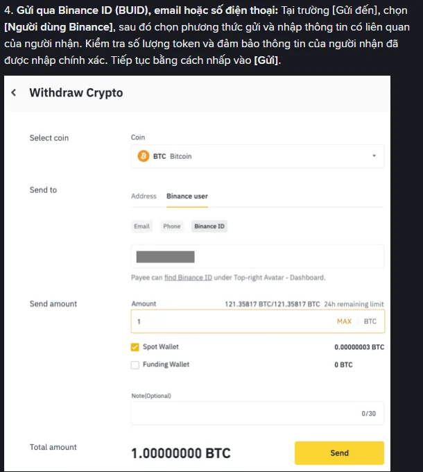 Màn hình Withdraw Crypto của Binance với tab Binance user được chọn, ba nút Email, Phone, Binance ID và ô chọn ví nguồn Spot Wallet hoặc Funding Wallet