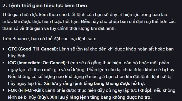 Mục "Lệnh thời gian hiệu lực kèm theo" trên trang hỗ trợ tiếng Việt của Binance, liệt kê định nghĩa ba loại GTC, IOC và FOK