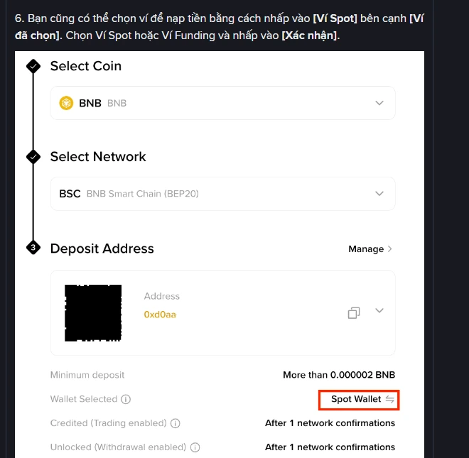 Bước 6 trong hướng dẫn nạp tiền mã hóa trên web của Binance, dòng Wallet Selected đang đặt ở Spot Wallet và có thể đổi sang ví Funding