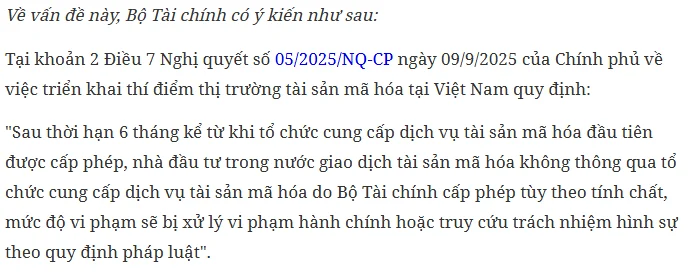 Phần trả lời của Bộ Tài chính ngày 6/10/2026 trích khoản 2 Điều 7 Nghị quyết 05/2025/NQ-CP về mốc 6 tháng kể từ khi tổ chức đầu tiên được cấp phép