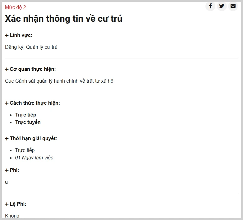 Trang thủ tục Xác nhận thông tin về cư trú của Cục Cảnh sát quản lý hành chính về trật tự xã hội, hiển thị cách thức thực hiện, thời hạn giải quyết 01 ngày làm việc và lệ phí Không