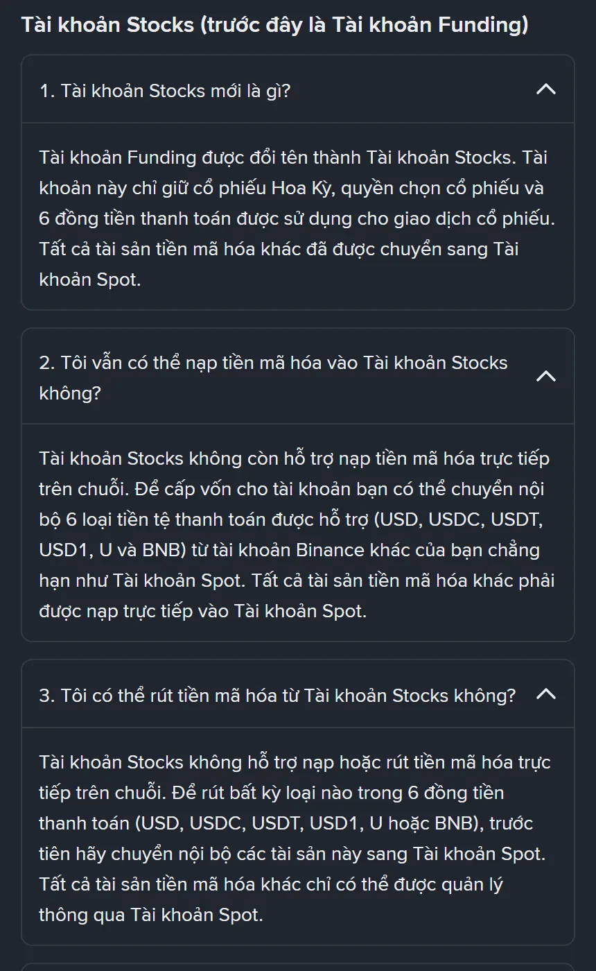 Mục Tài khoản Stocks trên trang trợ giúp Binance, giải thích tài khoản chỉ giữ cổ phiếu Hoa Kỳ, quyền chọn cổ phiếu và sáu đồng tiền thanh toán, không còn hỗ trợ nạp hay rút trên chuỗi