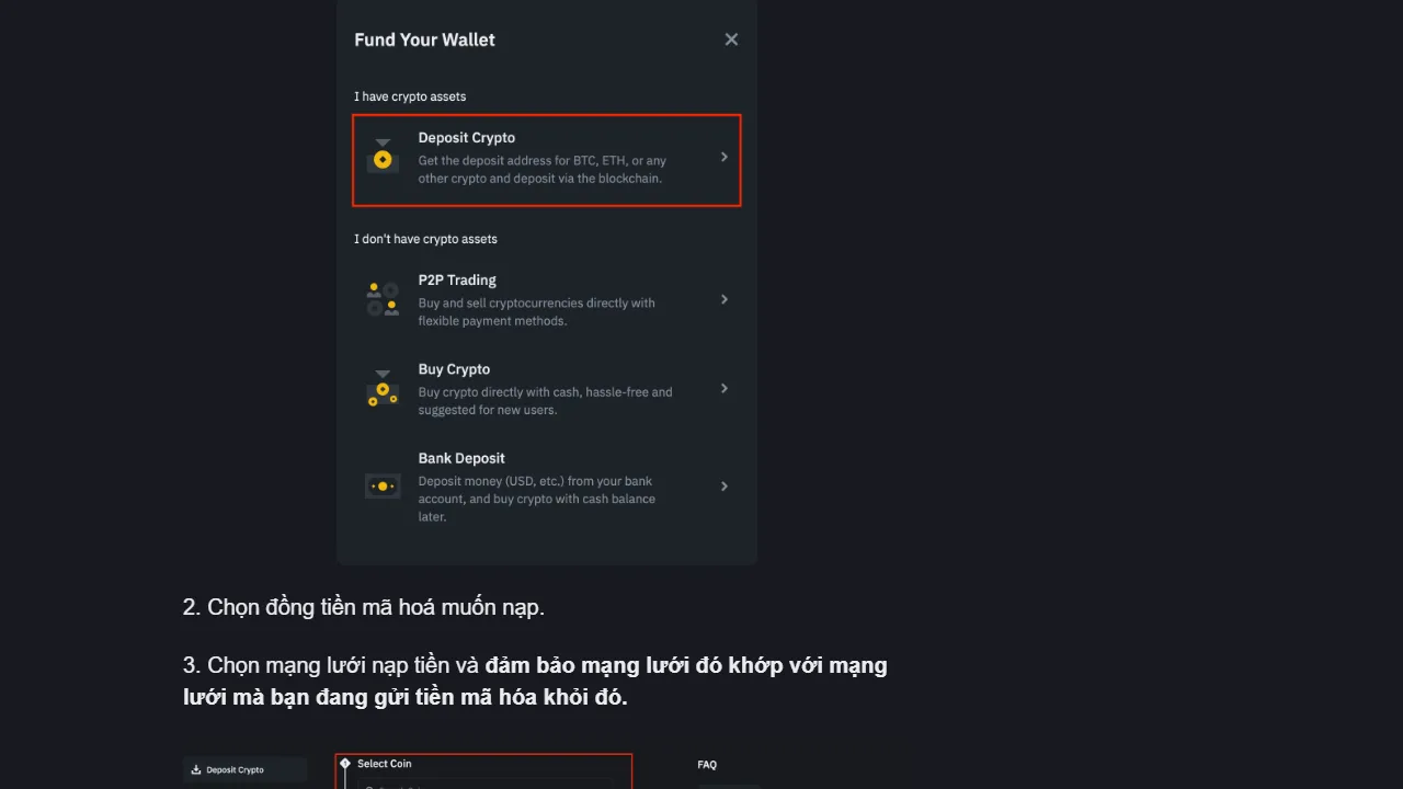 Ảnh chụp trang Binance Academy hiển thị mục Deposit Crypto và bước Select Coin, Select Network trong quy trình nạp tiền mã hóa