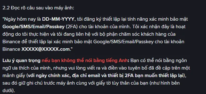Mục 2.2 trong bài hướng dẫn quay video của Binance, in nguyên văn câu tuyên bố phải đọc trước máy quay kèm lưu ý dành cho người không nói được tiếng Anh