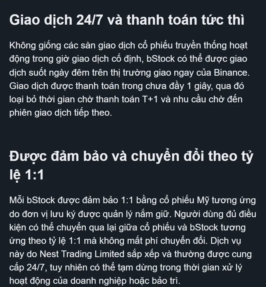Hai mục Giao dịch 24/7 và thanh toán tức thì và Được đảm bảo và chuyển đổi theo tỷ lệ 1:1 trong hướng dẫn bStock của Binance Academy bản tiếng Việt