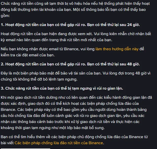 Ba thông báo lỗi trên trang trợ giúp Binance khi rút tiền bị tạm ngưng: thử lại sau 24 giờ, thử lại sau 48 giờ và tạm ngưng vì rủi ro gian lận