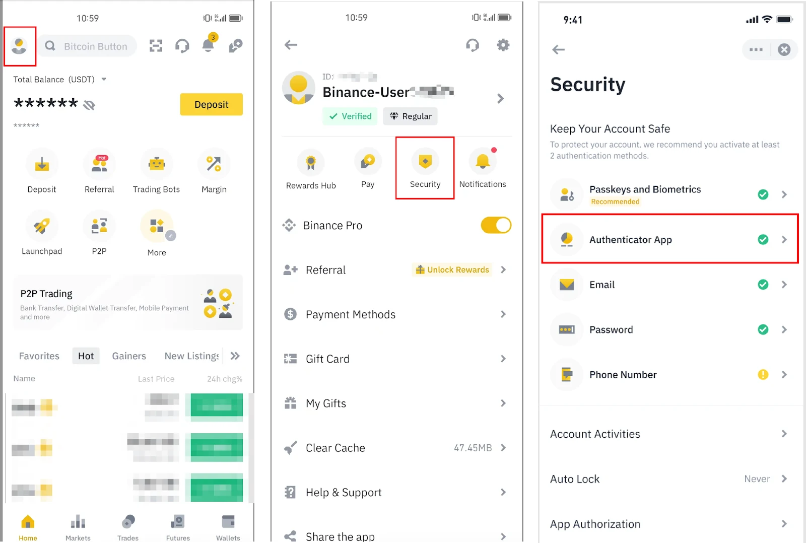 Ba màn hình ứng dụng Binance chính thức chỉ đường từ hồ sơ đến Security và mục Authenticator App; ID, tên tài khoản và số dư trong ảnh nguồn đã được che