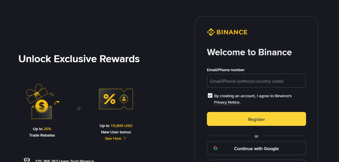Ảnh chụp thật trang đăng ký Binance hiển thị biểu mẫu tạo tài khoản và ưu đãi hoàn phí giao dịch lên đến 20%