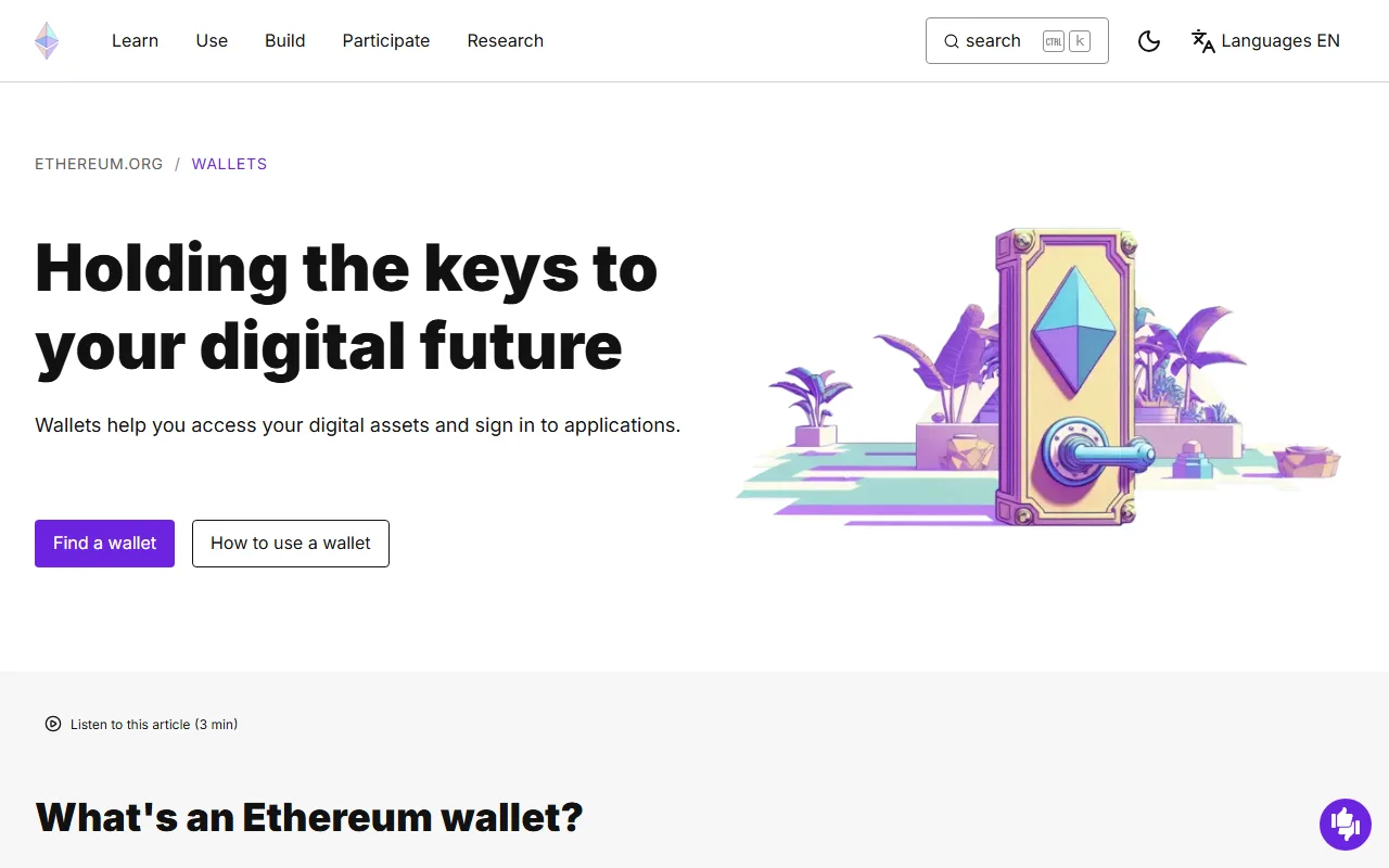 Trang Ethereum.org về ví hiển thị dòng chữ Holding the keys to your digital future và hình két có biểu tượng Ethereum