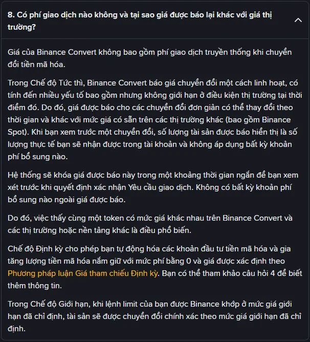 Mục 8 trong trang câu hỏi thường gặp về Binance Convert bản tiếng Việt, giải thích giá Convert không bao gồm phí giao dịch truyền thống và có thể khác giá trên Binance Spot