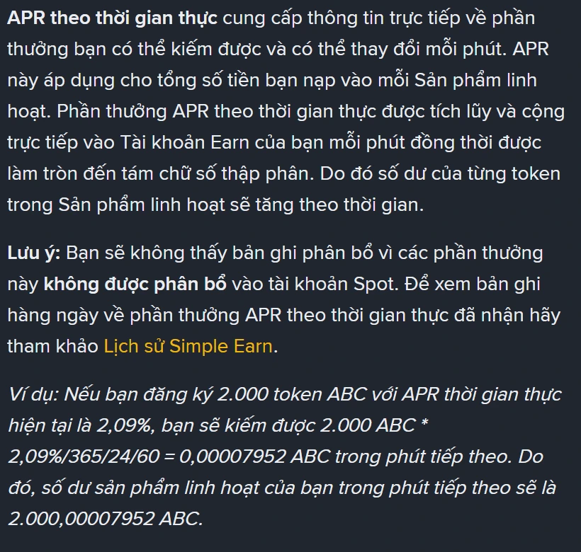 Đoạn giải thích APR theo thời gian thực trên trang hướng dẫn Sản phẩm linh hoạt Simple Earn bản tiếng Việt của Binance, kèm ví dụ 2.000 token với APR 2,09%