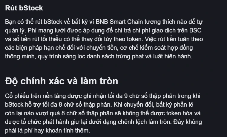 Mục Rút bStock và Độ chính xác và làm tròn trong hướng dẫn bStock của Binance Academy tiếng Việt, giải thích cổ phiếu ghi nhận 9 chữ số thập phân còn bStock hỗ trợ 8