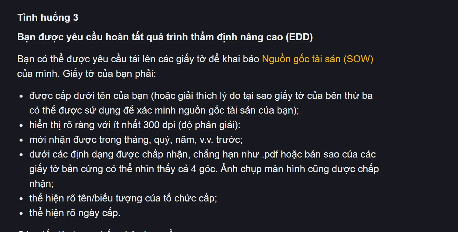 Mục Tình huống 3 trên trang hướng dẫn tiếng Việt của Binance, nêu yêu cầu tải giấy tờ khai báo Nguồn gốc tài sản SOW kèm sáu điều kiện về tên người được cấp, độ phân giải tối thiểu 300 dpi, thời gian, định dạng, tên tổ chức cấp và ngày cấp