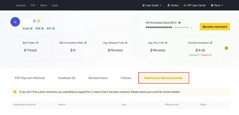 Trang hồ sơ P2P trên web Binance với tab Restrictions Removal Center được khoanh đỏ và bảng liệt kê chức năng bị tạm ngưng