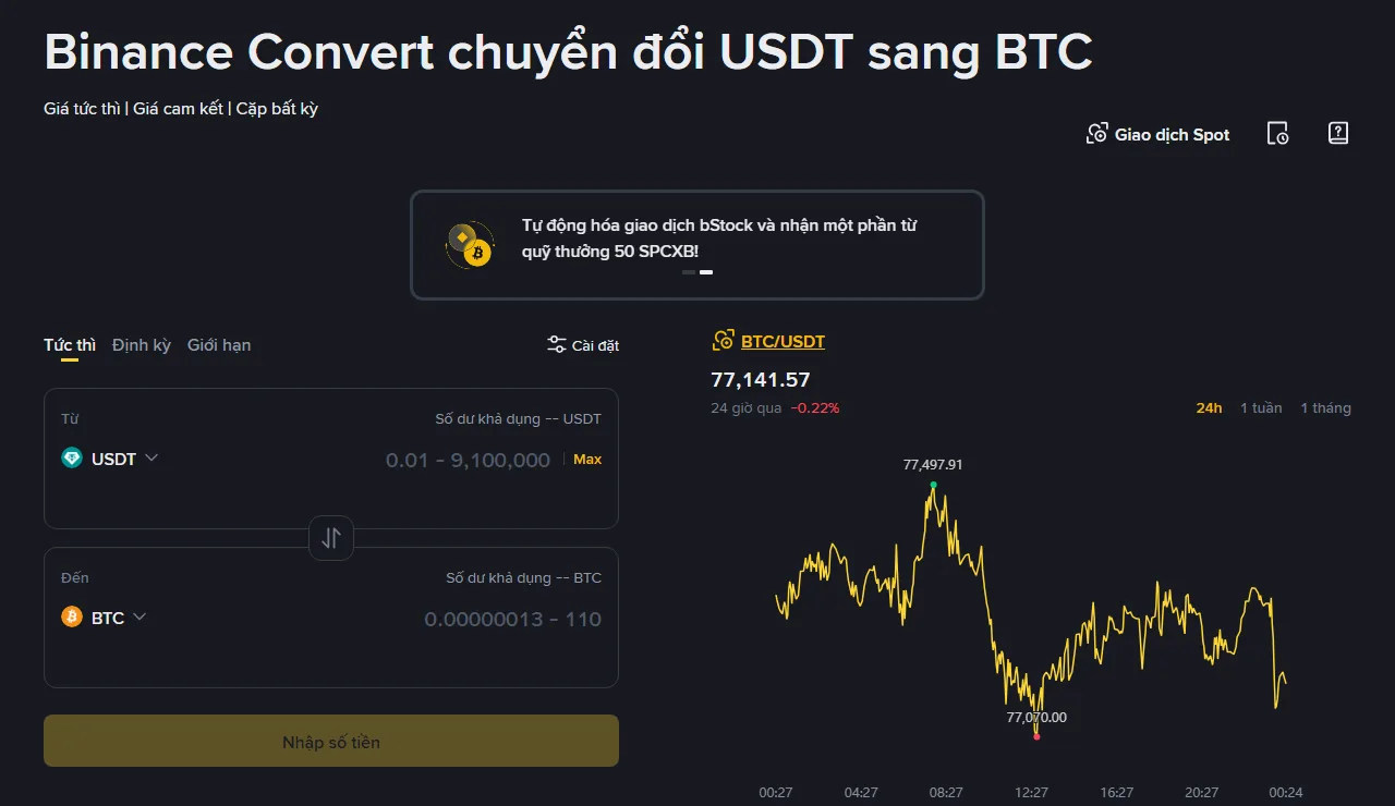 Trang Binance Convert bản tiếng Việt chuyển đổi USDT sang BTC, có ba chế độ Tức thì, Định kỳ, Giới hạn và khoảng số tiền cho phép, chụp ngày 13/09/2026 khi chưa đăng nhập