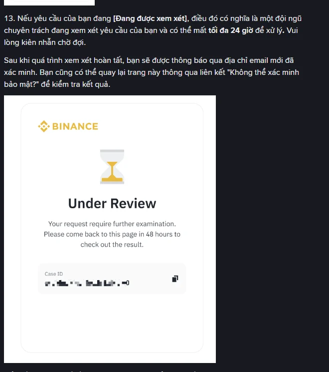 Mục 13 trong bài hướng dẫn tiếng Việt của Binance, nêu yêu cầu ở trạng thái Đang được xem xét có thể mất tối đa 24 giờ, kèm ảnh màn hình Under Review ghi hãy quay lại trang này sau 48 giờ
