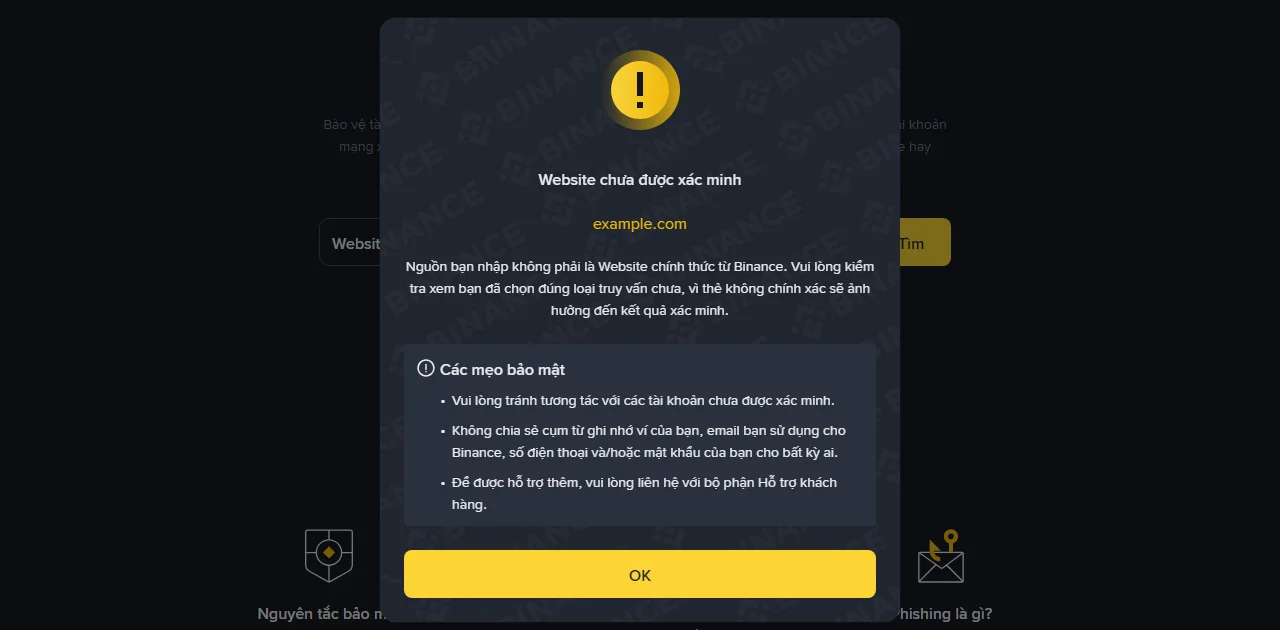 Cửa sổ kết quả tiếng Việt hiển thị Website chưa được xác minh cho example.com, kèm ba mẹo bảo mật về việc tránh tương tác và không chia sẻ cụm từ ghi nhớ, email, số điện thoại hay mật khẩu