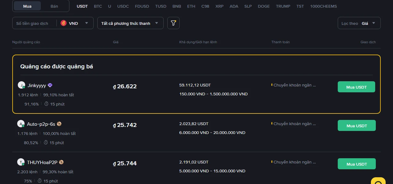 Mua USDT bằng VND trên Binance P2P: đọc bảng giá và chọn người bán