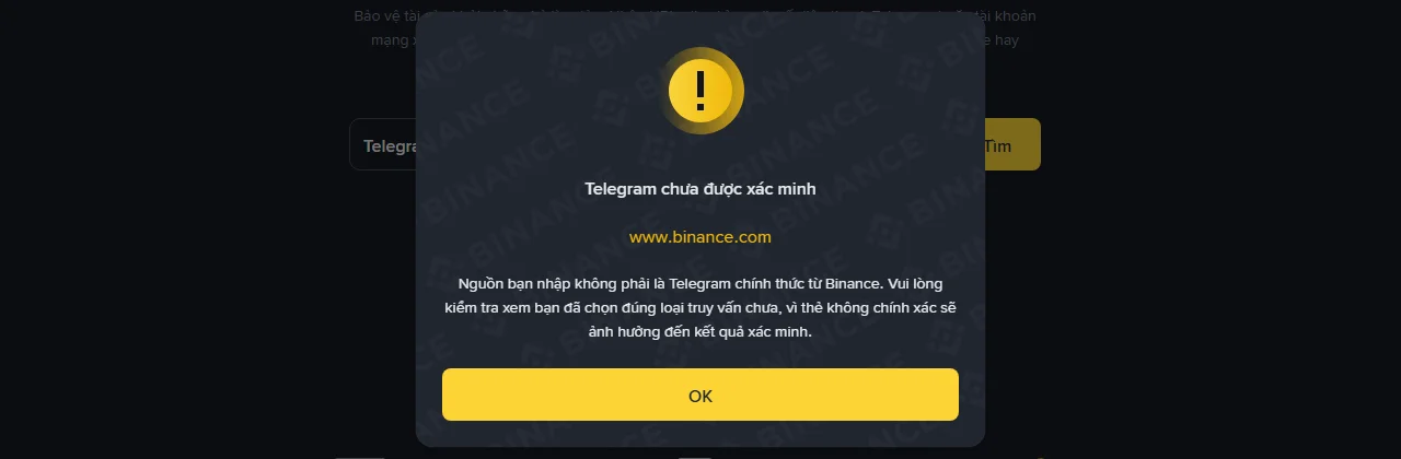 Cửa sổ kết quả hiển thị Telegram chưa được xác minh cho nội dung www.binance.com, minh họa việc chọn sai loại truy vấn làm sai kết quả
