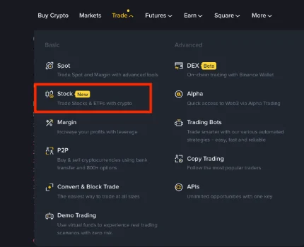 Ảnh chụp thật menu Trade của Binance với mục Stock được đánh dấu