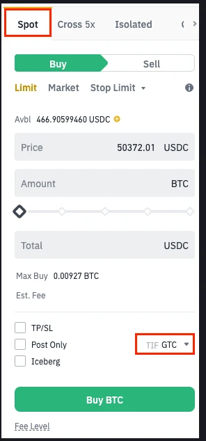 Bảng đặt lệnh Limit của Binance ở chế độ nâng cao, hàng dưới cùng có ô chọn TP/SL, Post Only, Iceberg và ô thả xuống TIF đang đặt ở GTC