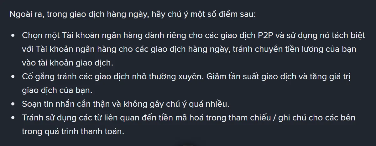 Phần khuyến nghị cho giao dịch hằng ngày trong hướng dẫn tránh bị đóng băng tài khoản ngân hàng của Binance P2P bản tiếng Việt, gồm bốn gạch đầu dòng về tài khoản riêng, tần suất giao dịch, nội dung tin nhắn và ghi chú chuyển khoản