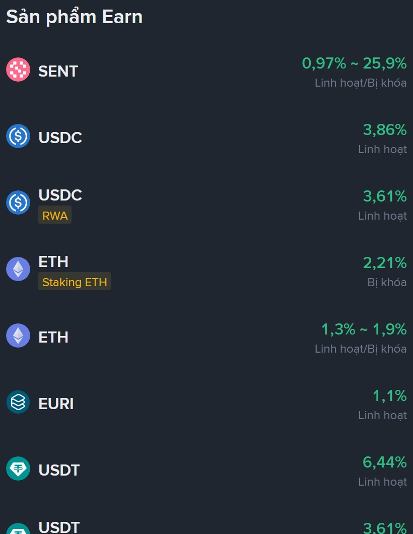 Bảng sản phẩm Earn trên trang Simple Earn tiếng Việt ngày 14/10/2026: USDT linh hoạt 6,44%, USDC 3,86%, EURI 1,1%, ETH 1,3% đến 1,9%