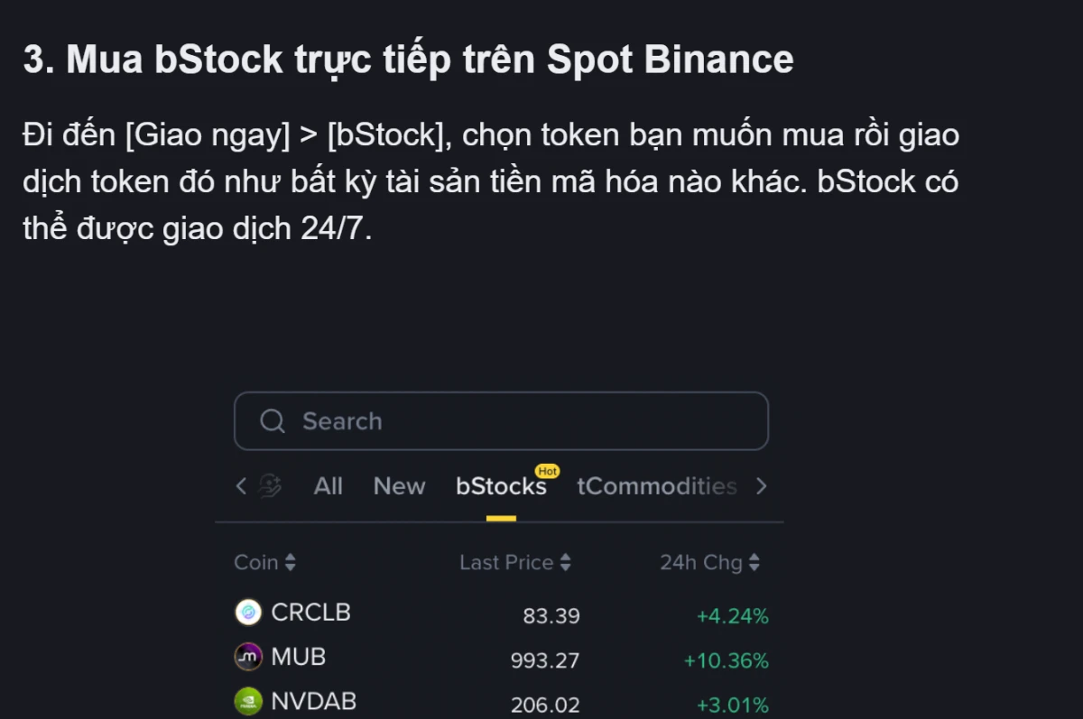 Mục 3 trong bài hướng dẫn bStock của Binance Academy bản tiếng Việt, hướng dẫn vào Giao ngay rồi chọn tab bStocks và nêu bStock có thể giao dịch 24/7