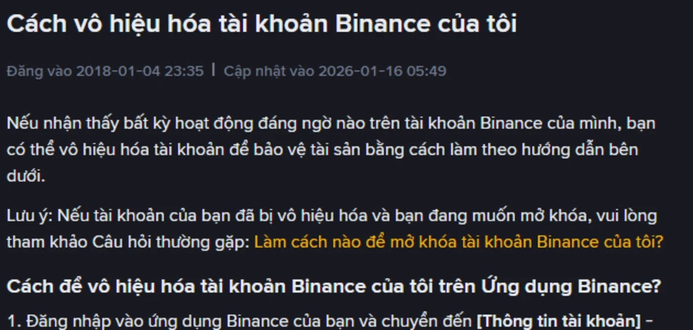 Đầu bài hướng dẫn tiếng Việt "Cách vô hiệu hóa tài khoản Binance của tôi" trên trang trợ giúp Binance, ghi ngày cập nhật 16/01/2026 và nêu có thể vô hiệu hóa tài khoản khi thấy hoạt động đáng ngờ