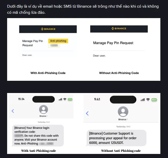 Ví dụ chính thức của Binance so sánh email và SMS có Anti-Phishing Code với thông báo không có mã