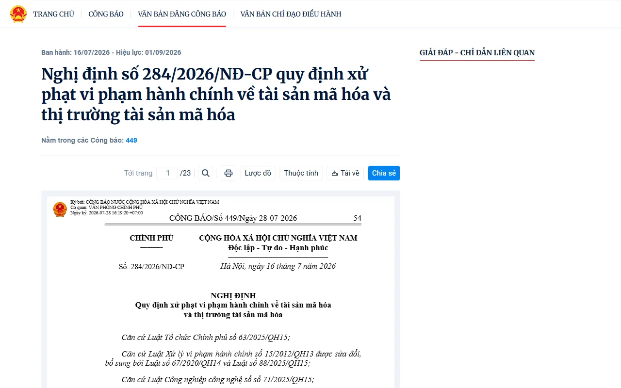 Ảnh chụp trang Công báo Chính phủ ngày 12/09/2026: Nghị định số 284/2026/NĐ-CP quy định xử phạt vi phạm hành chính về tài sản mã hóa và thị trường tài sản mã hóa, ban hành 16/07/2026, hiệu lực 01/09/2026, nằm trong Công báo số 449