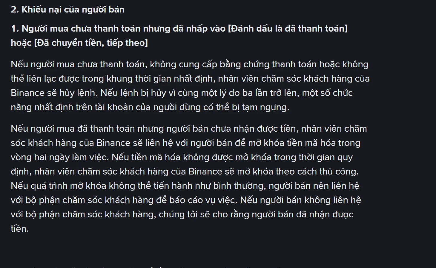 Mục 2 "Khiếu nại của người bán" trên trang quy định xử lý khiếu nại tiếng Việt của Binance, nêu quy tắc hủy lệnh khi người mua chưa thanh toán và thời hạn hai ngày làm việc để mở khóa tiền mã hóa