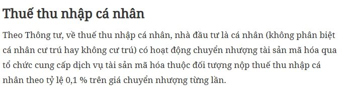 Đoạn thuế thu nhập cá nhân trong bản tin của Báo Điện tử Chính phủ về Thông tư 32/2026/TT-BTC, nêu tỷ lệ 0,1 % trên giá chuyển nhượng từng lần khi chuyển nhượng qua tổ chức cung cấp dịch vụ tài sản mã hóa
