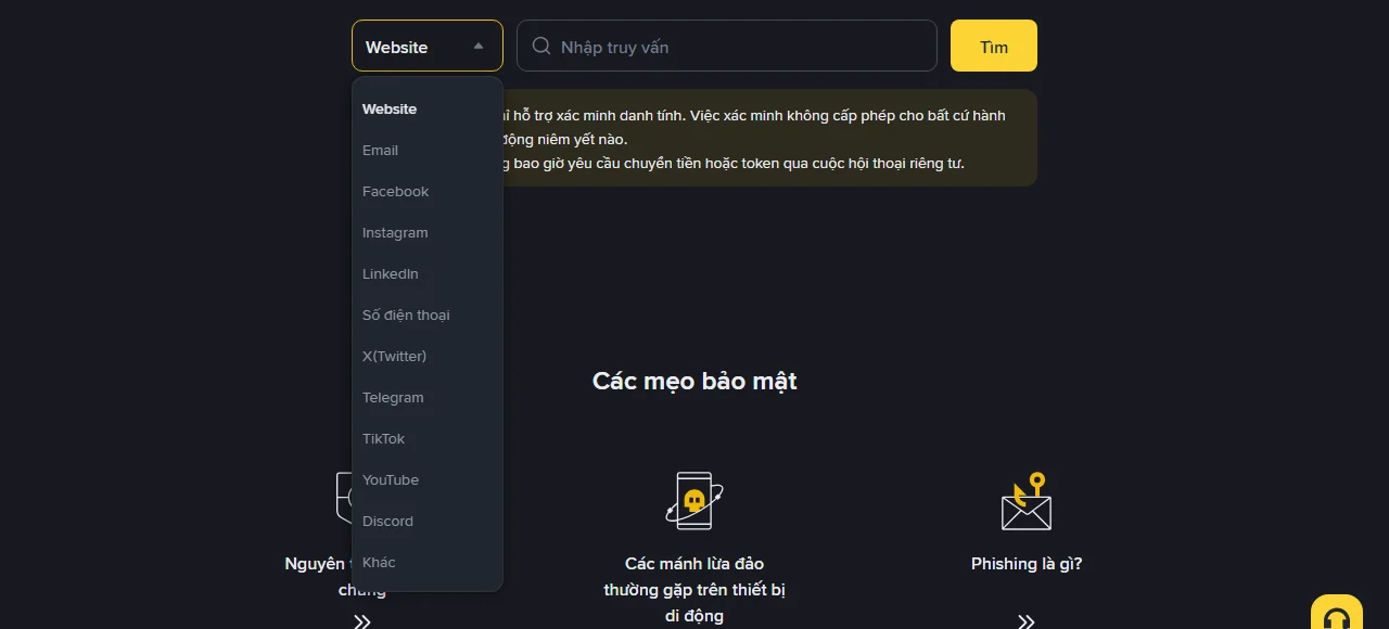 Ô chọn loại nguồn trên trang Binance Verify tiếng Việt đang mở, hiển thị danh sách Website, Email, Facebook, Instagram, LinkedIn, Số điện thoại, X(Twitter), Telegram, TikTok, YouTube, Discord và Khác