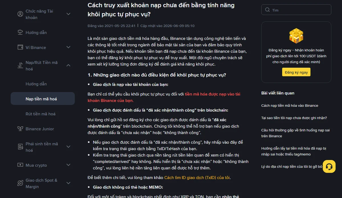 Nạp tiền vào Binance chưa thấy đến: lấy lại được không, mất bao lâu?