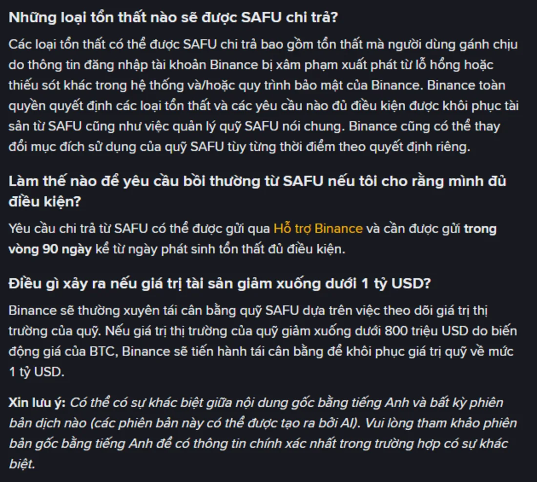 Phần hỏi đáp chính thức của Binance nêu loại tổn thất được SAFU chi trả, thời hạn nộp yêu cầu 90 ngày và cam kết tái cân bằng khi quỹ xuống dưới 800 triệu USD
