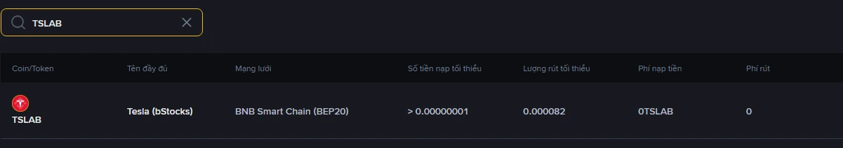 Biểu phí Nạp/Rút của Binance lọc theo mã TSLAB, hiển thị Tesla bStocks, mạng lưới BNB Smart Chain BEP20, lượng rút tối thiểu 0,000082 và phí rút 0