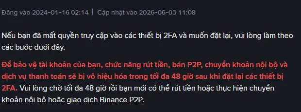 Cảnh báo tiếng Việt của Binance nêu rõ rút tiền, bán P2P và chuyển khoản nội bộ bị vô hiệu hóa tối đa 48 giờ sau khi đặt lại thiết bị 2FA