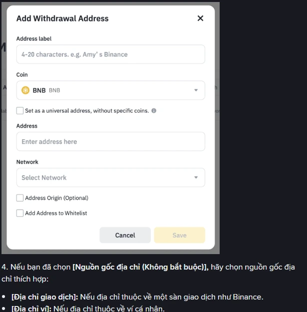 Hộp thoại Add Withdrawal Address của Binance với các ô Address label, Coin đang chọn BNB, tùy chọn đặt làm địa chỉ chung, ô Address, ô chọn Network, mục Address Origin không bắt buộc và ô đánh dấu Add Address to Whitelist