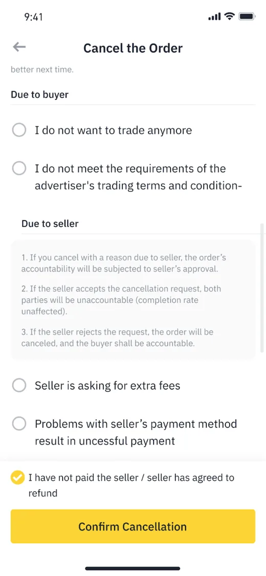 Hộp thoại hủy lệnh P2P của Binance, chia lý do thành Due to buyer và Due to seller kèm nút Confirm Cancellation