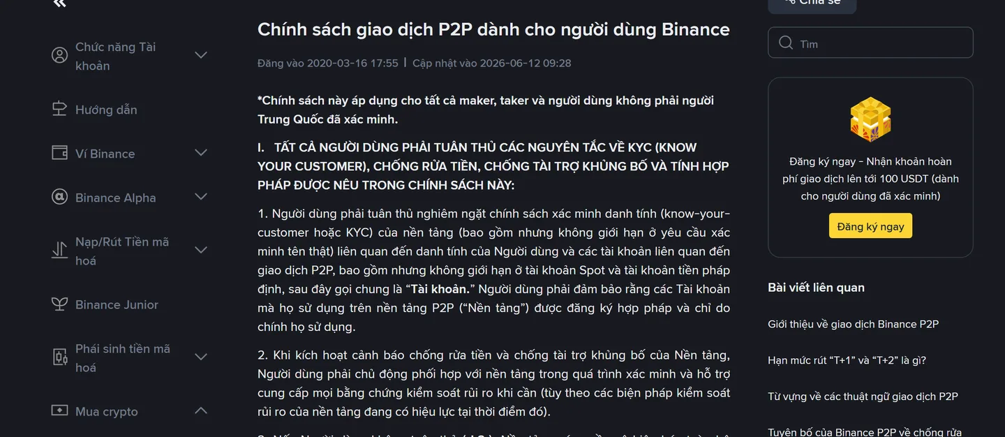 Thanh toán P2P bằng tài khoản không trùng tên: Binance khóa chức năng P2P bao lâu?
